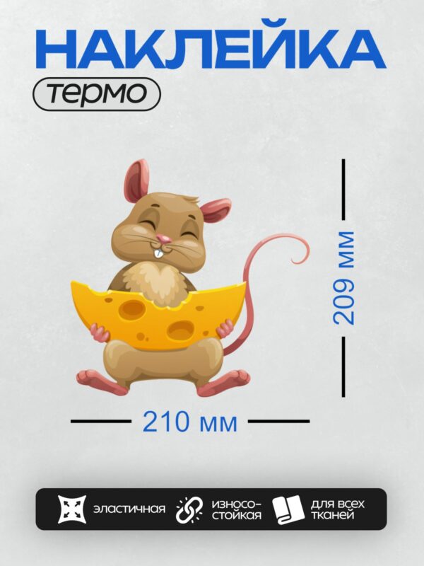Термонаклейка на одежду DTF / Мультяшная мышь с куском сыра в лапках.