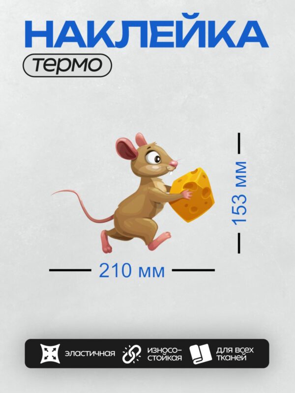 Термонаклейка на одежду DTF / Мультяшная мышь с большим куском сыра в лапах.