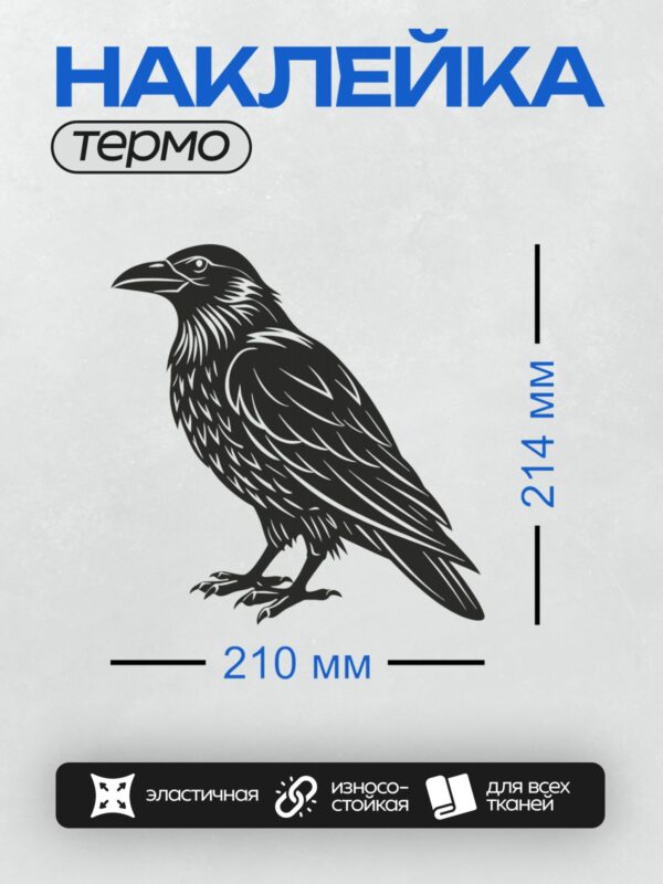 Термонаклейка на одежду DTF / Силуэт ворона на белом фоне, черный цвет, четкие линии.