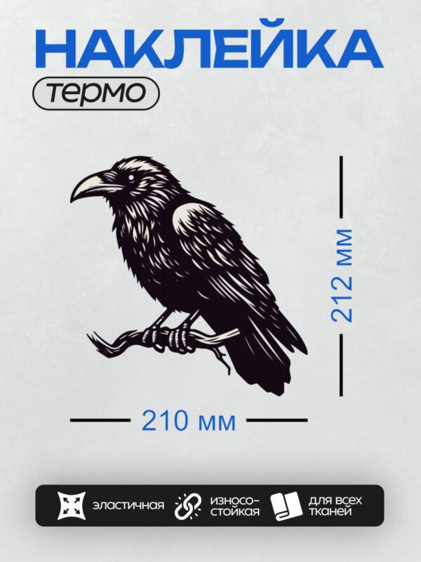 Термонаклейка на одежду DTF / Черно-белый силуэт ворона на ветке.