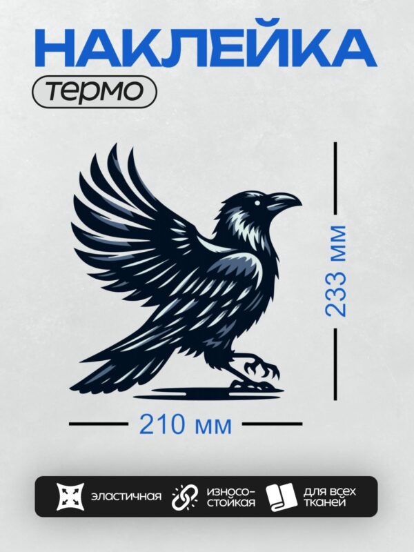 Термонаклейка на одежду DTF / Черный ворон с расправленными крыльями, мультяшный стиль.
