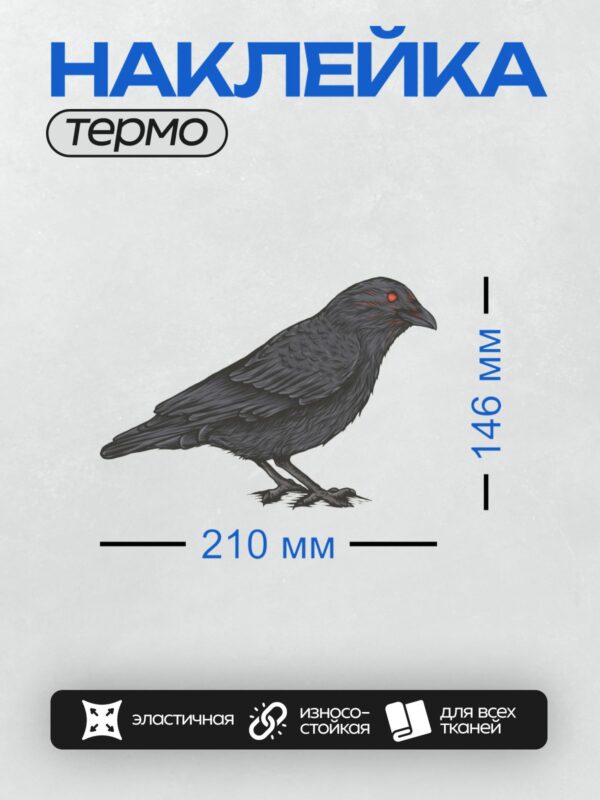 Термонаклейка на одежду DTF / Мультяшная ворона с черным оперением и красными глазами.
