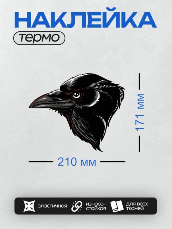 Термонаклейка на одежду DTF / Стилизованный рисунок головы ворона в черном цвете.