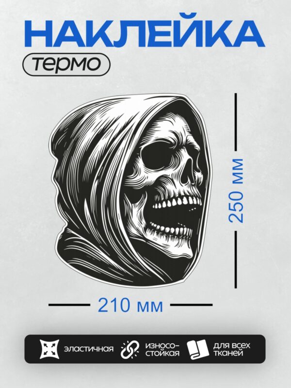 Термонаклейка на одежду DTF / Мрачный Жнец в капюшоне, стилизованный череп с косами.