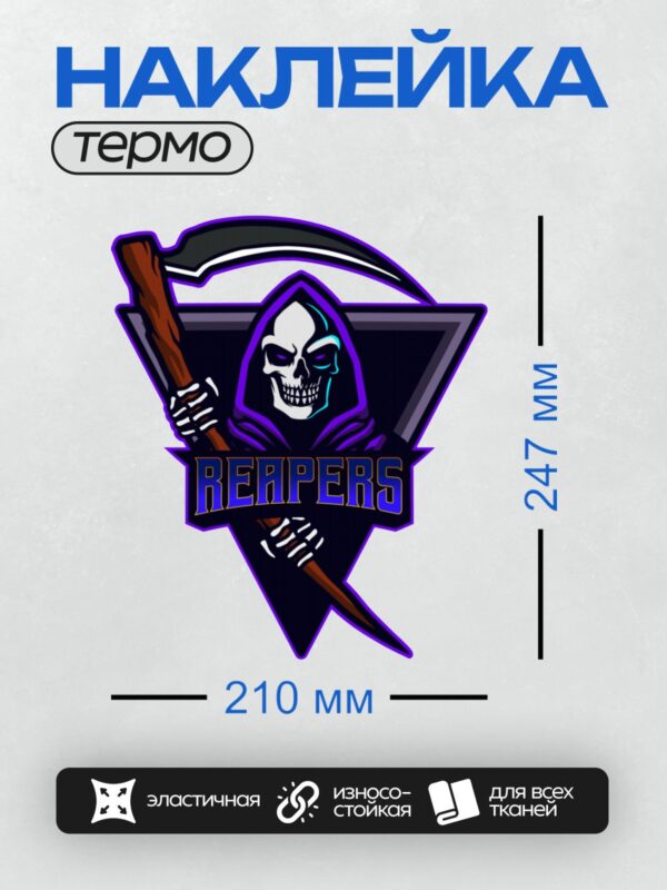 Термонаклейка на одежду DTF / Череп в капюшоне с косой, надпись "Reapers".