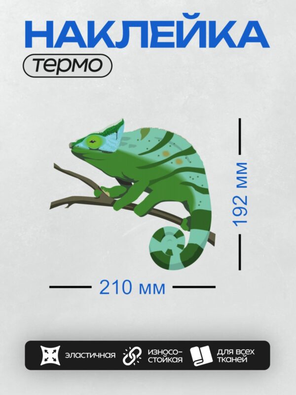 Термонаклейка на одежду DTF / Мультяшный хамелеон с зелёно-голубым узором на ветке.