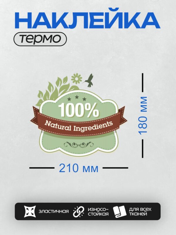 Термонаклейка на одежду DTF / Значок с надписью "100% Natural Ingredients", изображением листьев, цветка и колибри.