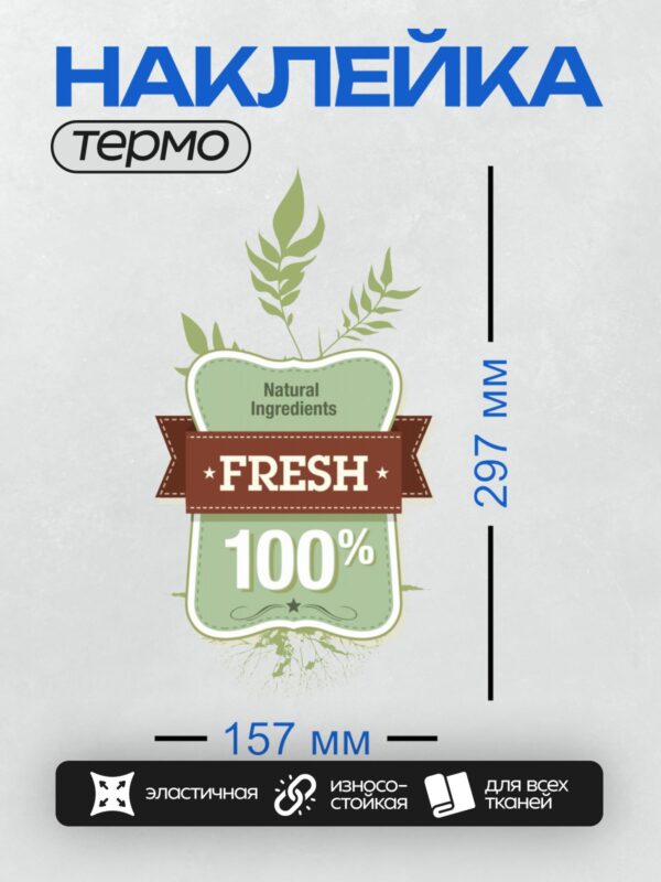 Термонаклейка на одежду DTF / Значок с надписью "Natural Ingredients", "Fresh", "100%", изображением листьев и корней.