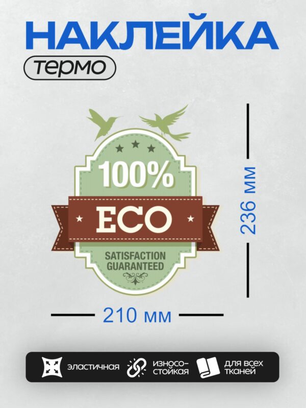 Термонаклейка на одежду DTF / Эко-значок с колибри, звездами и надписью "100% ECO".