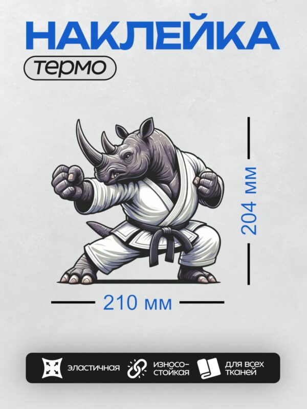 Термонаклейка на одежду DTF / Мультяшный носорог в позе каратиста, в кимоно.