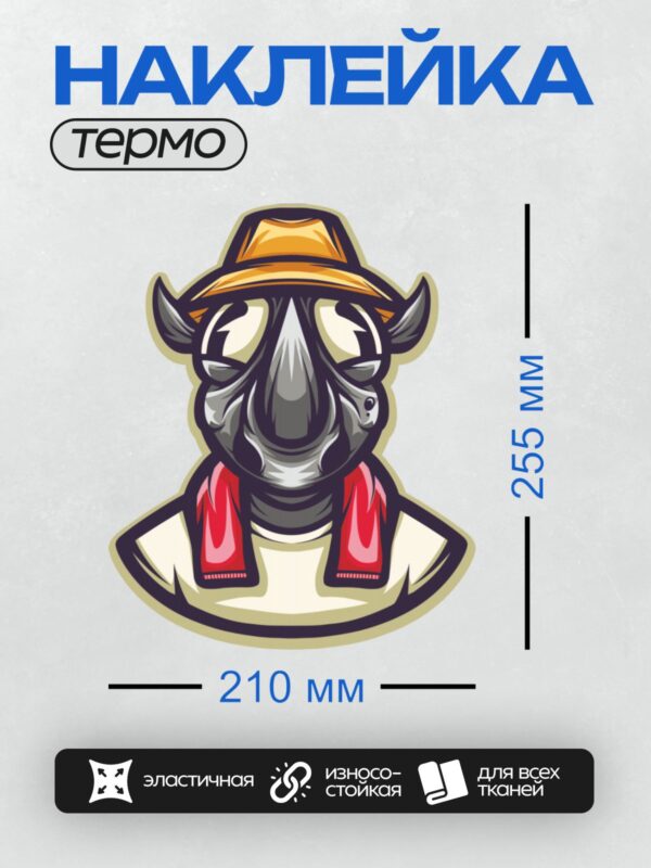 Термонаклейка на одежду DTF / Мультяшный носорог в шляпе и с красным шарфом.