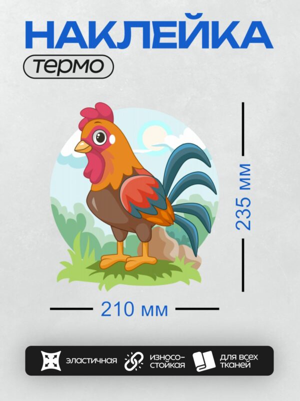 Термонаклейка на одежду DTF / Мультяшный петух с ярким красным гребнем и разноцветными перьями.