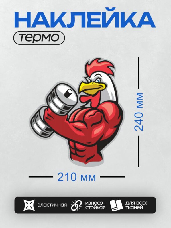 Термонаклейка на одежду DTF / Мускулистый петух с гантелями, яркий и энергичный.