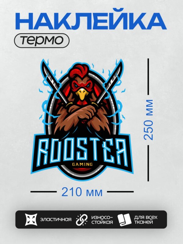 Термонаклейка на одежду DTF / Мультяшный петух с мечами и надписью "Rooster Gaming".