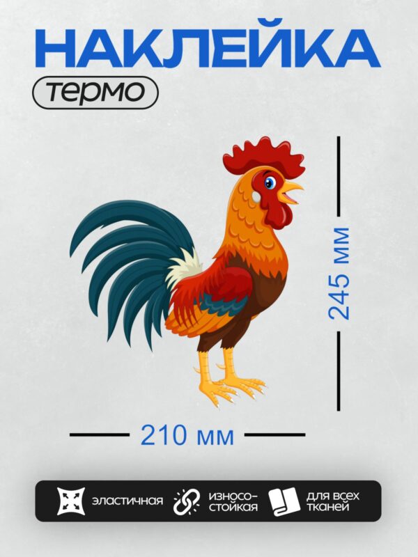 Термонаклейка на одежду DTF / Мультяшный петух с ярким красным гребнем и синим хвостом.