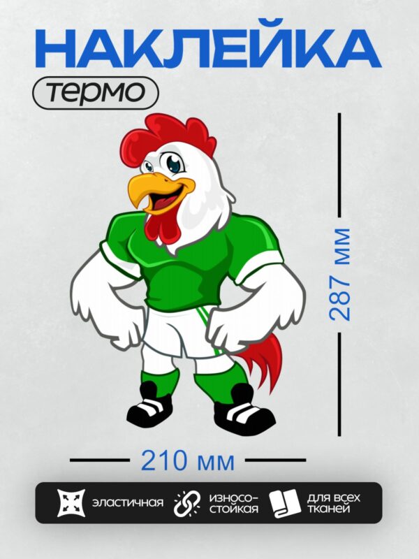 Термонаклейка на одежду DTF / Мультяшный петух в зелёной футбольной форме.