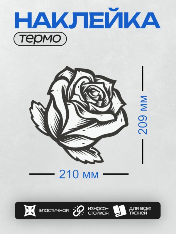 Термонаклейка на одежду DTF / Черно-белая роза с четкими линиями и листьями.