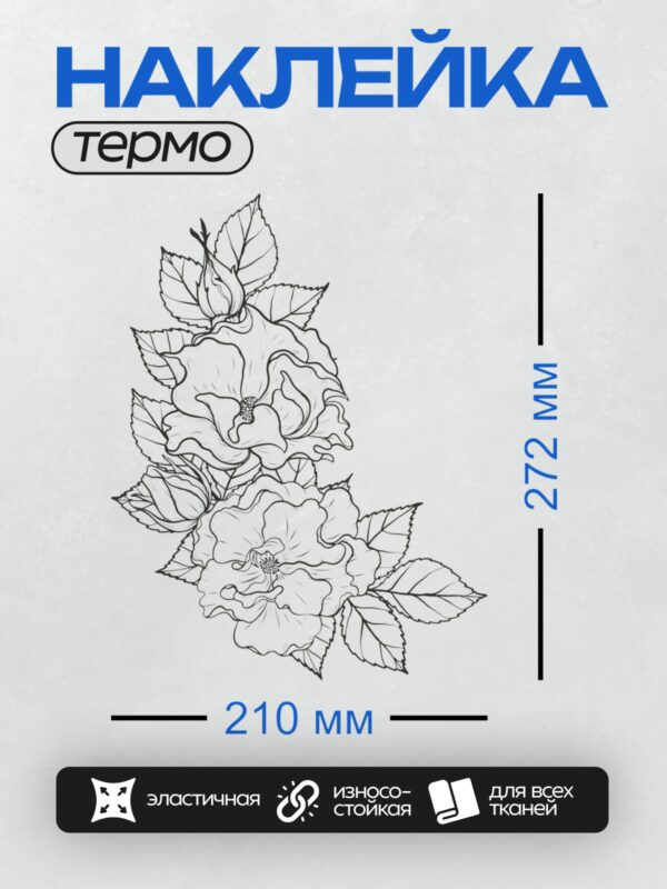 Термонаклейка на одежду DTF / Черно-белый контурный рисунок цветов шиповника.