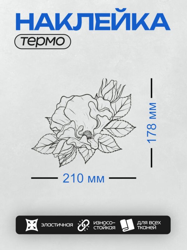 Термонаклейка на одежду DTF / Черно-белый контурный рисунок розы с листьями.
