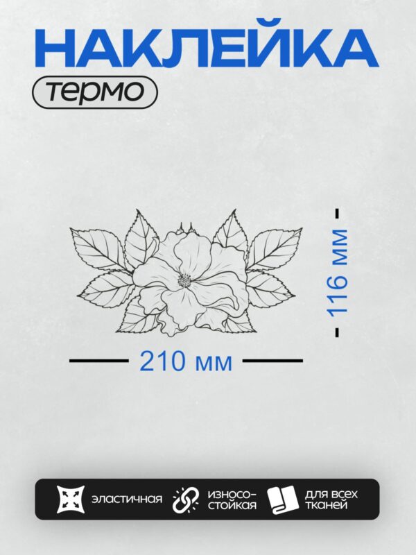 Термонаклейка на одежду DTF / Черно-белый контурный рисунок цветка с листьями.