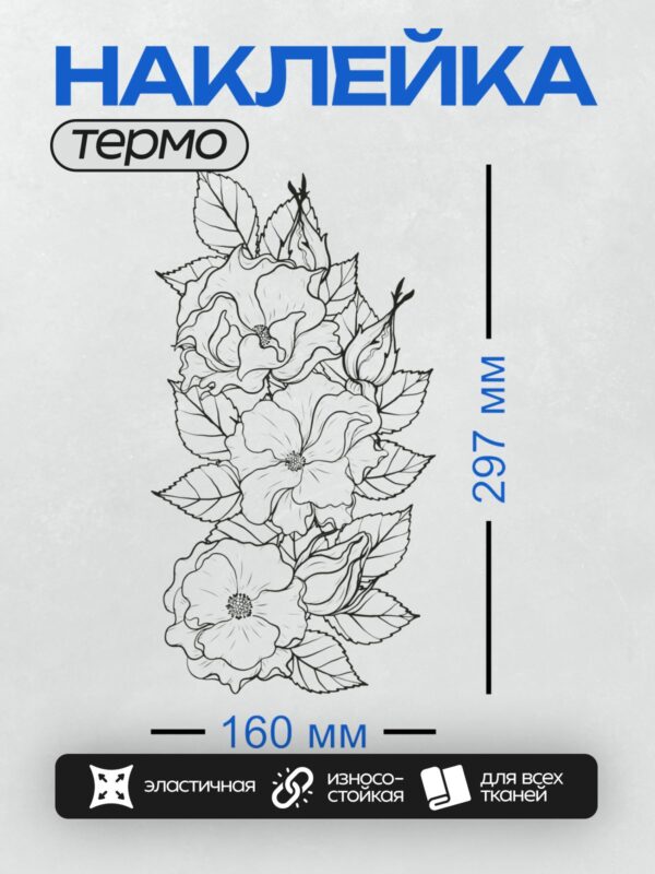 Термонаклейка на одежду DTF / Черно-белый рисунок цветов шиповника с листьями.