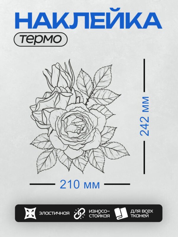 Термонаклейка на одежду DTF / Контурный рисунок розы с листьями для раскрашивания.