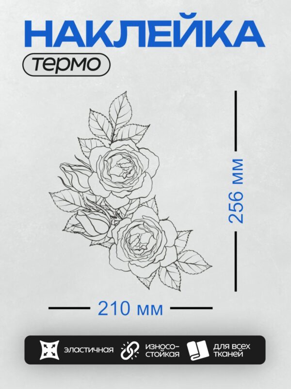 Термонаклейка на одежду DTF / Черно-белый рисунок роз с листьями и бутоном.