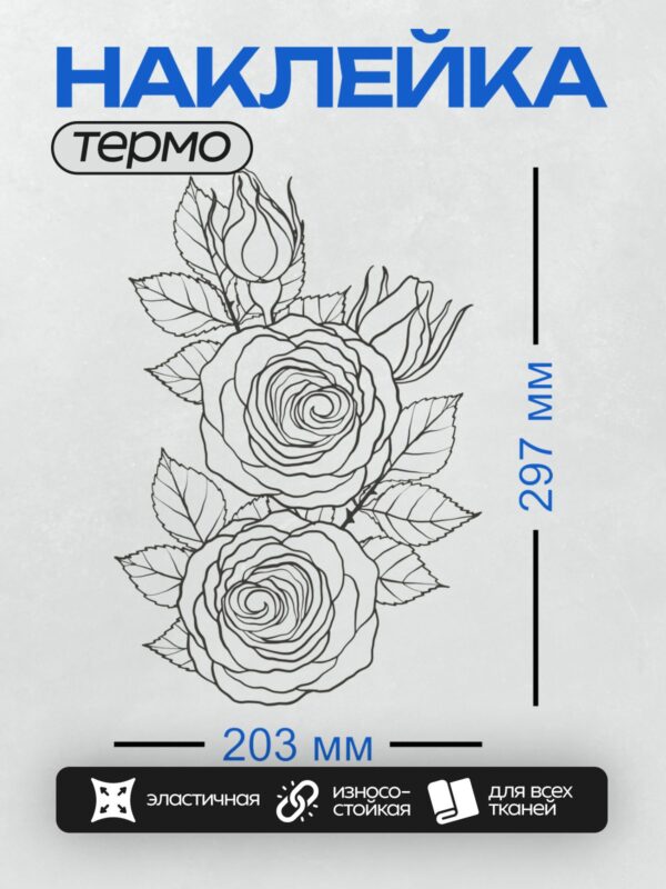 Термонаклейка на одежду DTF / Контурный рисунок роз с листьями и бутонами.