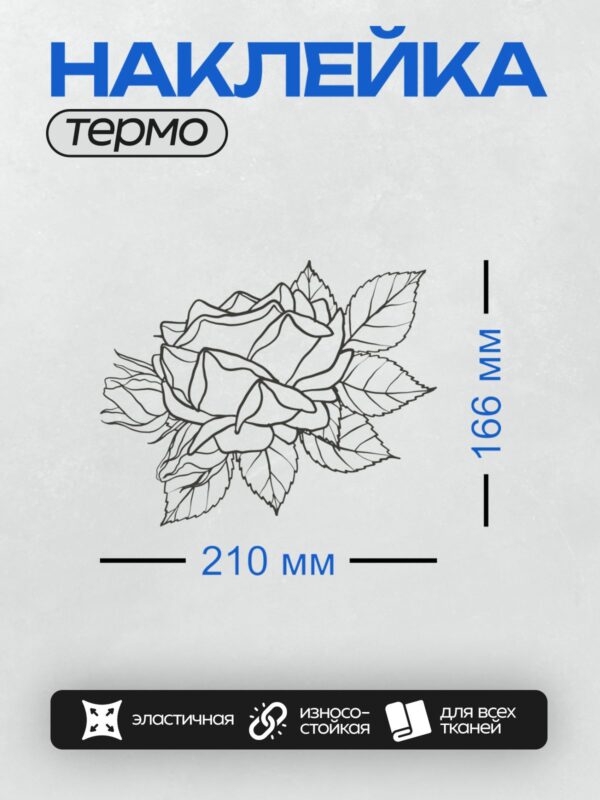 Термонаклейка на одежду DTF / Черно-белый рисунок розы с листьями и бутоном.