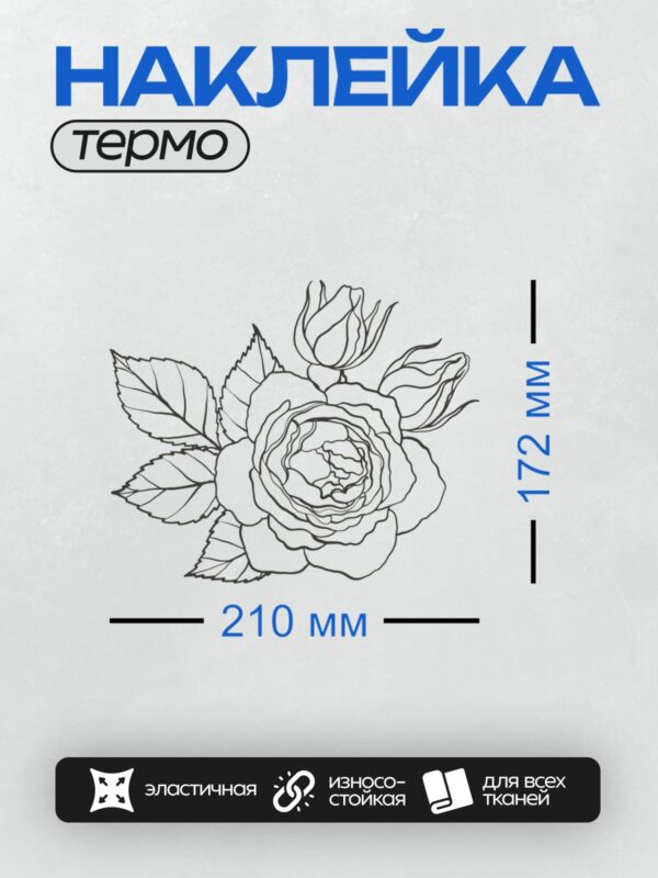Термонаклейка на одежду DTF / Черно-белая роза с листьями, изящный контур.