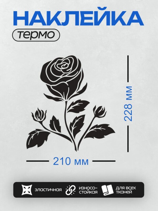 Термонаклейка на одежду DTF / Черно-белая роза с листьями и бутонами.