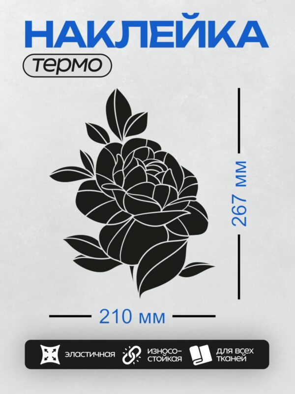 Термонаклейка на одежду DTF / Черно-белая роза с листьями в контурном стиле.