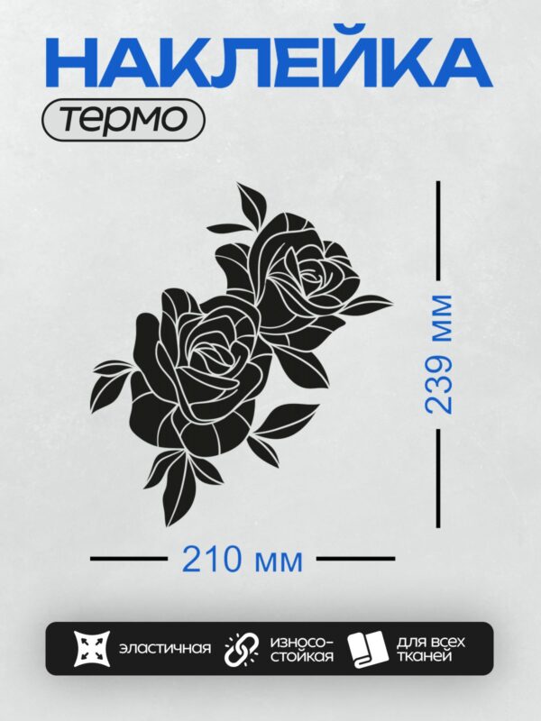 Термонаклейка на одежду DTF / Черно-белые розы с листьями, контурный стиль.