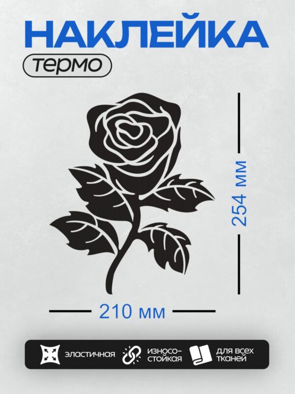 Термонаклейка на одежду DTF / Черно-белая роза с четкими контурами и листьями.