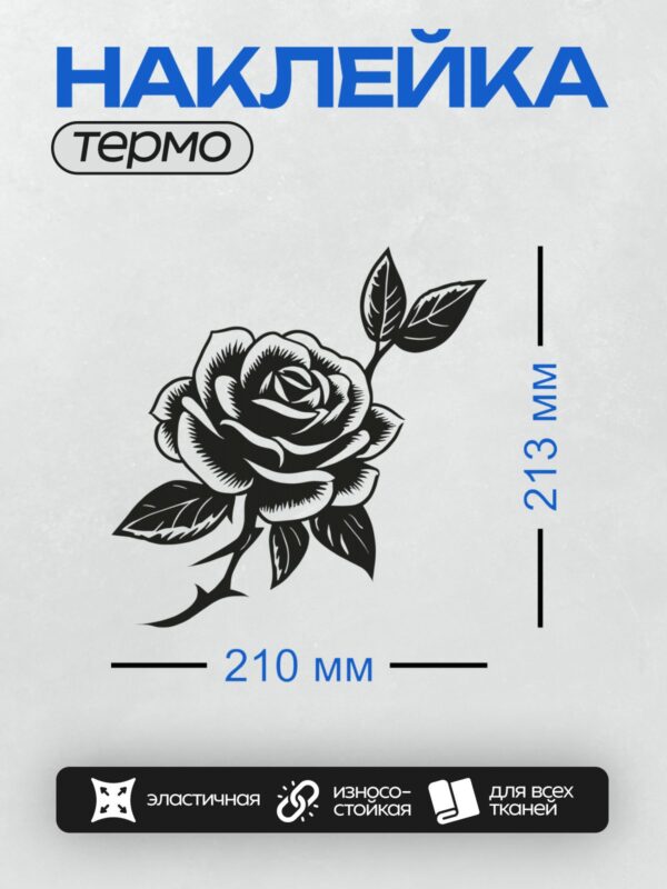 Термонаклейка на одежду DTF / Черно-белая роза с листьями, контурный стиль.