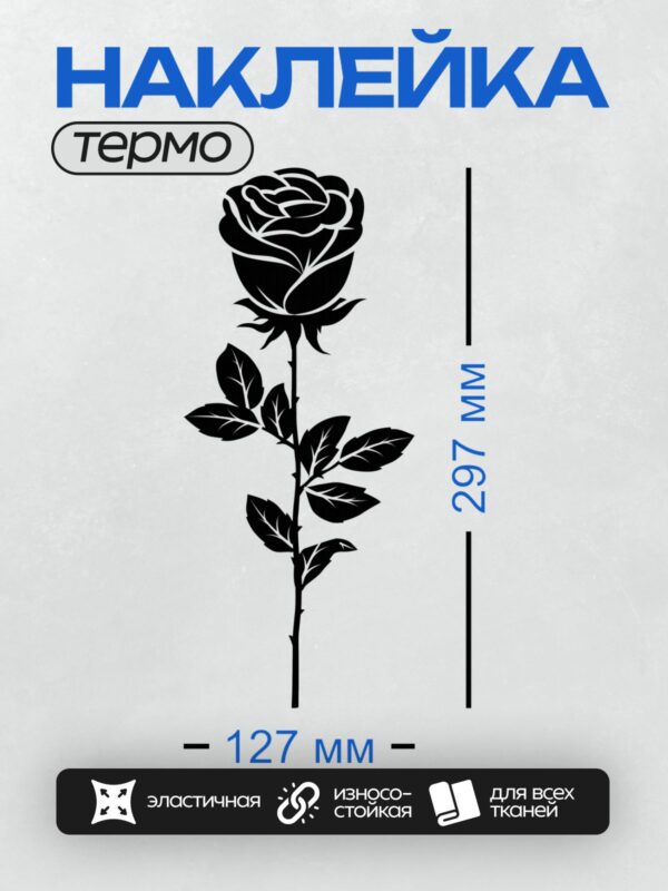 Термонаклейка на одежду DTF / Черно-белая роза с листьями, минималистичный стиль.