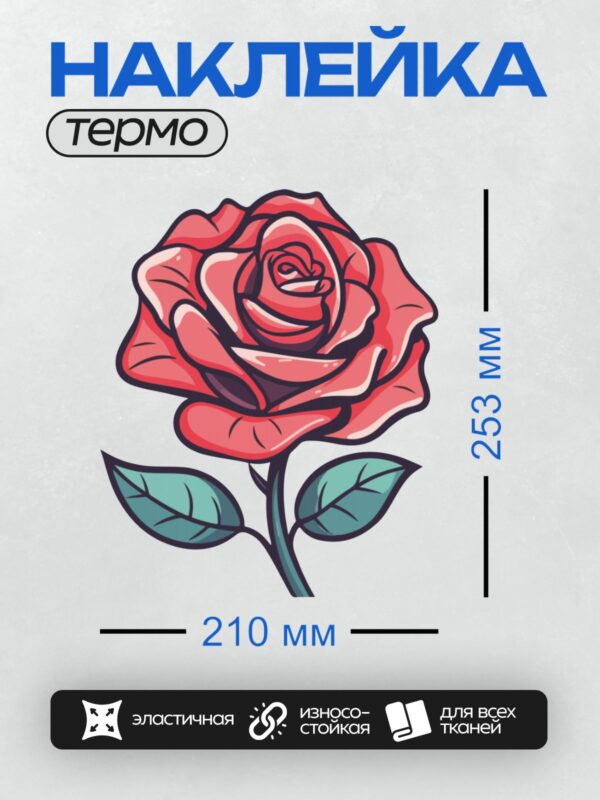 Термонаклейка на одежду DTF / Красная роза с листьями, контурный стиль, яркие цвета.