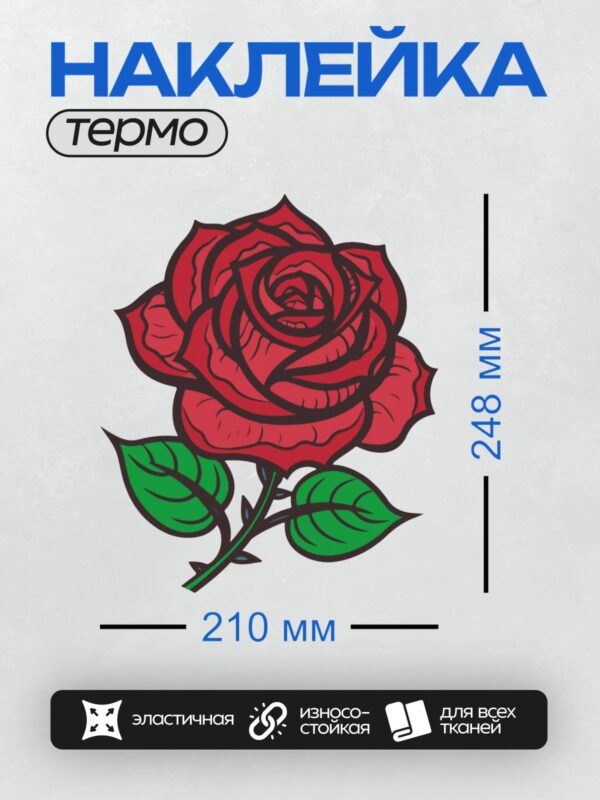 Термонаклейка на одежду DTF / Красная роза с зелёными листьями, трафаретный стиль.
