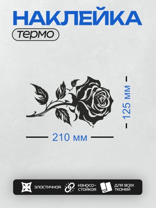 Термонаклейка на одежду DTF / Черно-белая роза с листьями, контурный стиль.
