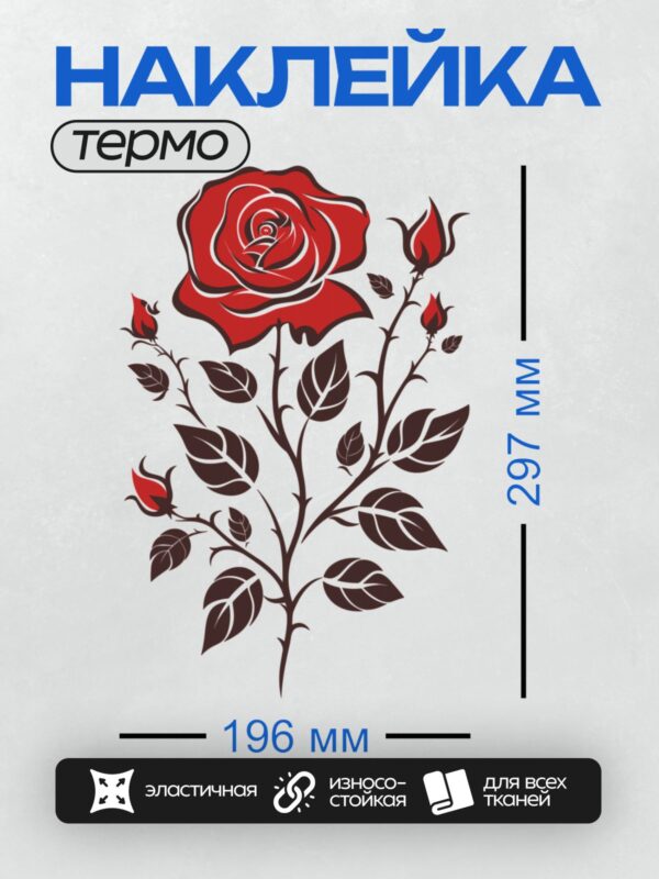 Термонаклейка на одежду DTF / Красная роза с листьями в контурном стиле.