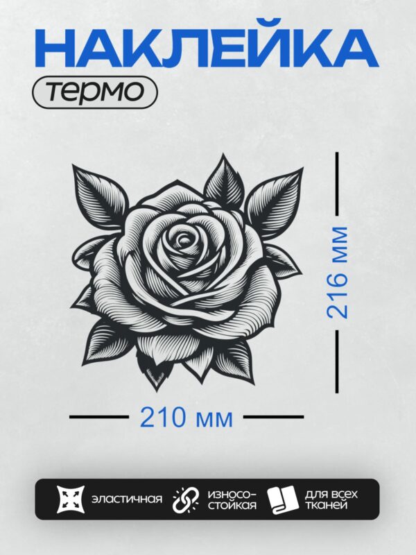 Термонаклейка на одежду DTF / Черно-белая роза с листьями, трафаретный стиль.