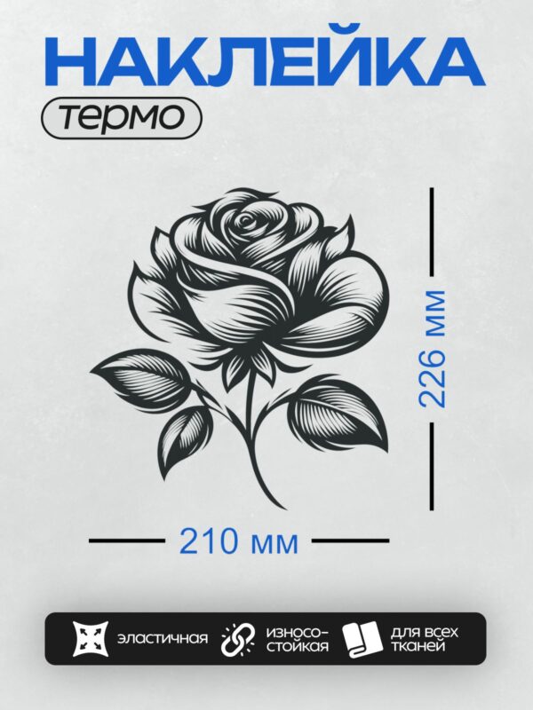 Термонаклейка на одежду DTF / Черно-белая роза с листьями, минималистичный стиль.