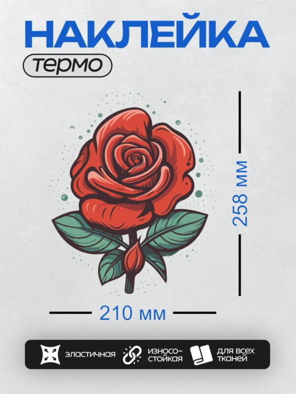Термонаклейка на одежду DTF / Красная роза с листьями, контурный стиль, яркий фон.