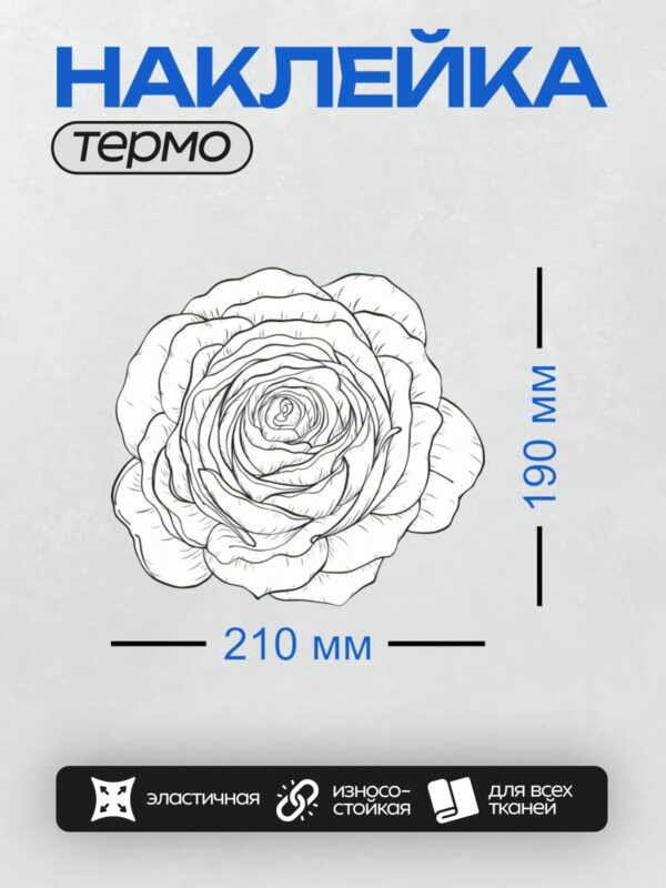 Термонаклейка на одежду DTF / Черно-белый контурный рисунок розы с детализированными лепестками.