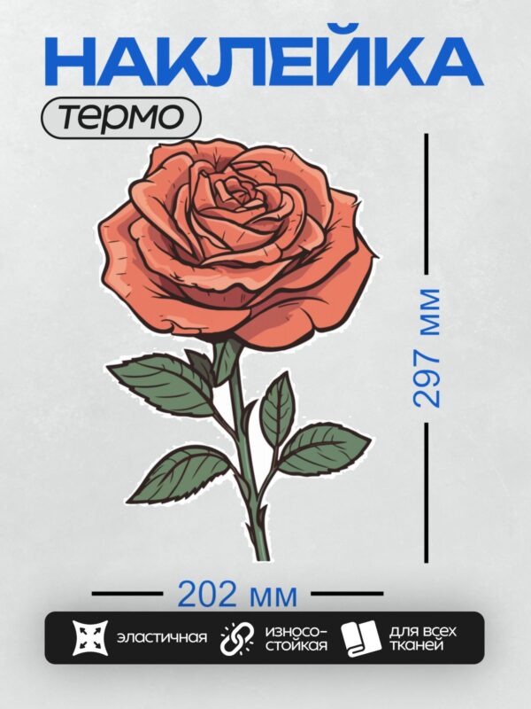 Термонаклейка на одежду DTF / Красная роза с зелёными листьями, детализированные лепестки.