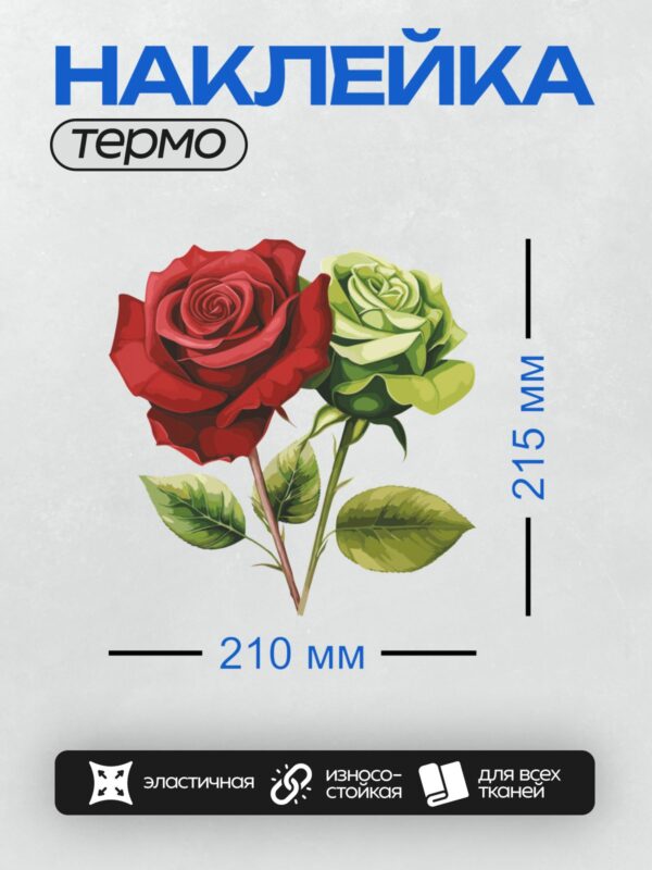 Термонаклейка на одежду DTF / Красная и зелёная розы с яркими зелёными листьями.