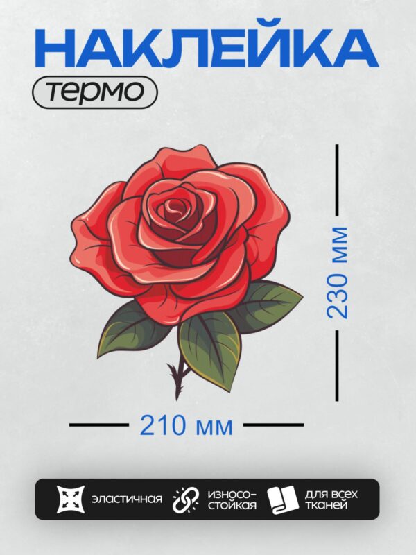 Термонаклейка на одежду DTF / Красная роза с яркими зелеными листьями.