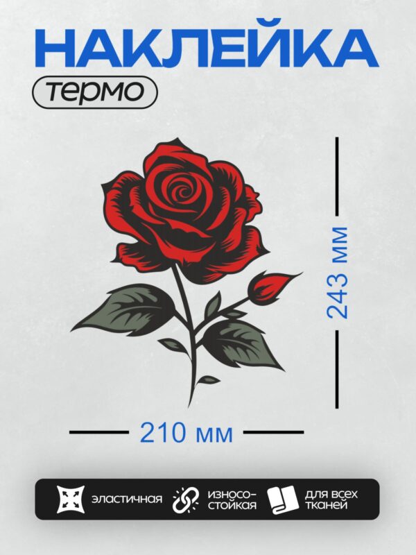 Термонаклейка на одежду DTF / Красная роза с зелеными листьями и бутоном.