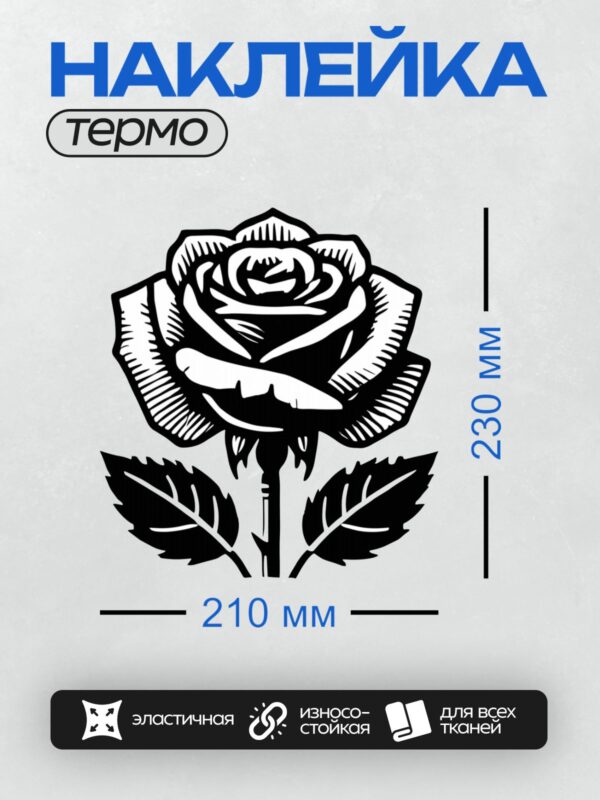 Термонаклейка на одежду DTF / Черно-белая роза с четкими контурами и листьями.