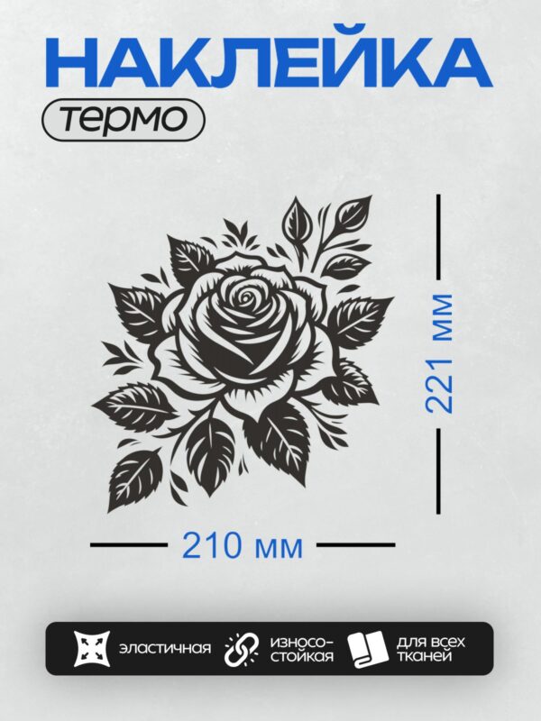 Термонаклейка на одежду DTF / Черно-белая роза с листьями, стилизованный рисунок.